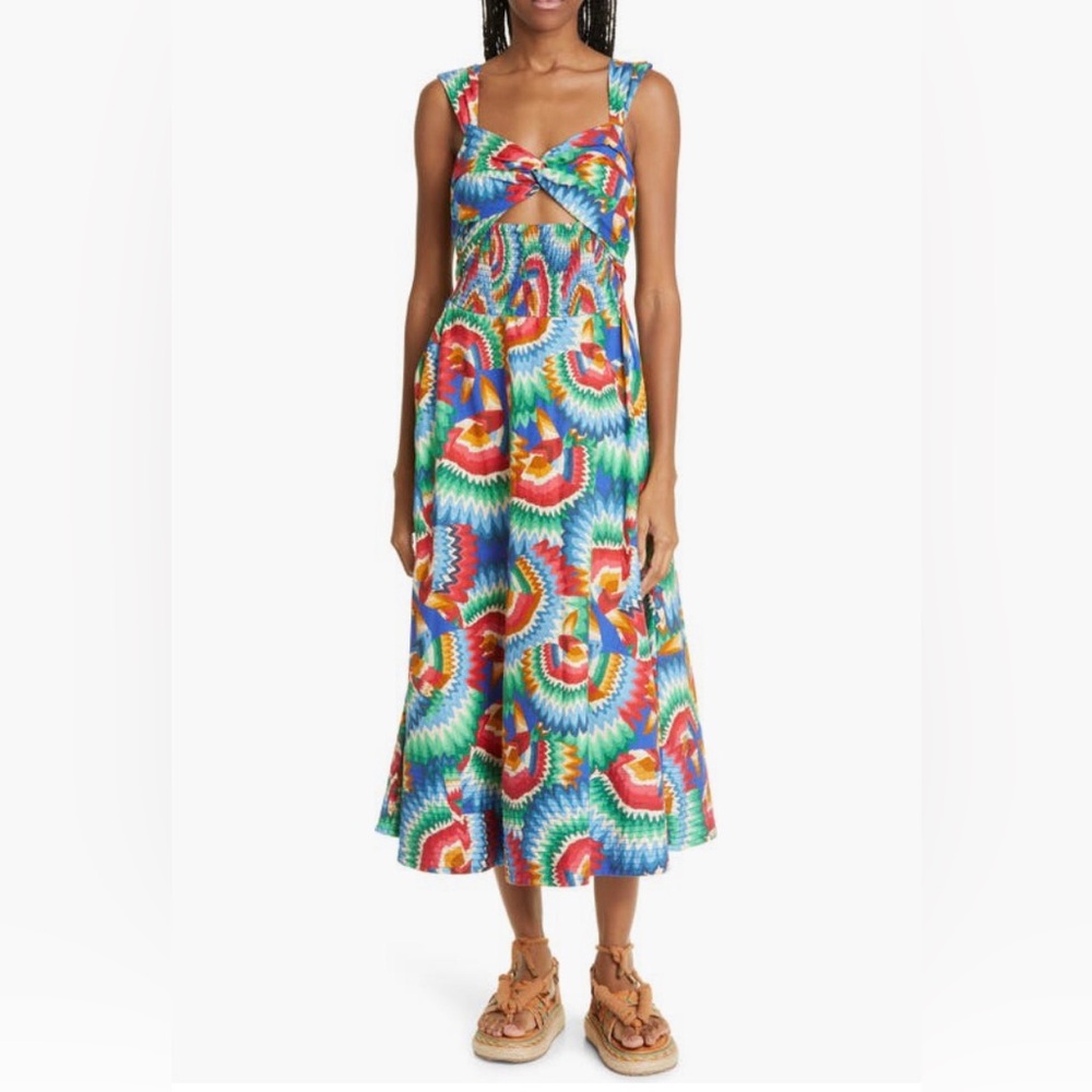 NWT $200 FARM Rio Chevron Toucans Midi Dress in CHEVRON TOUCANS BLUE, size XL!
